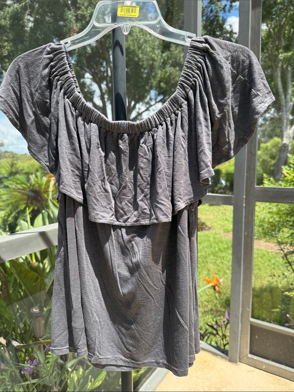Off-Shoulder Ruffle Button-Front Blouse in Gray - Picture 2 of 3
